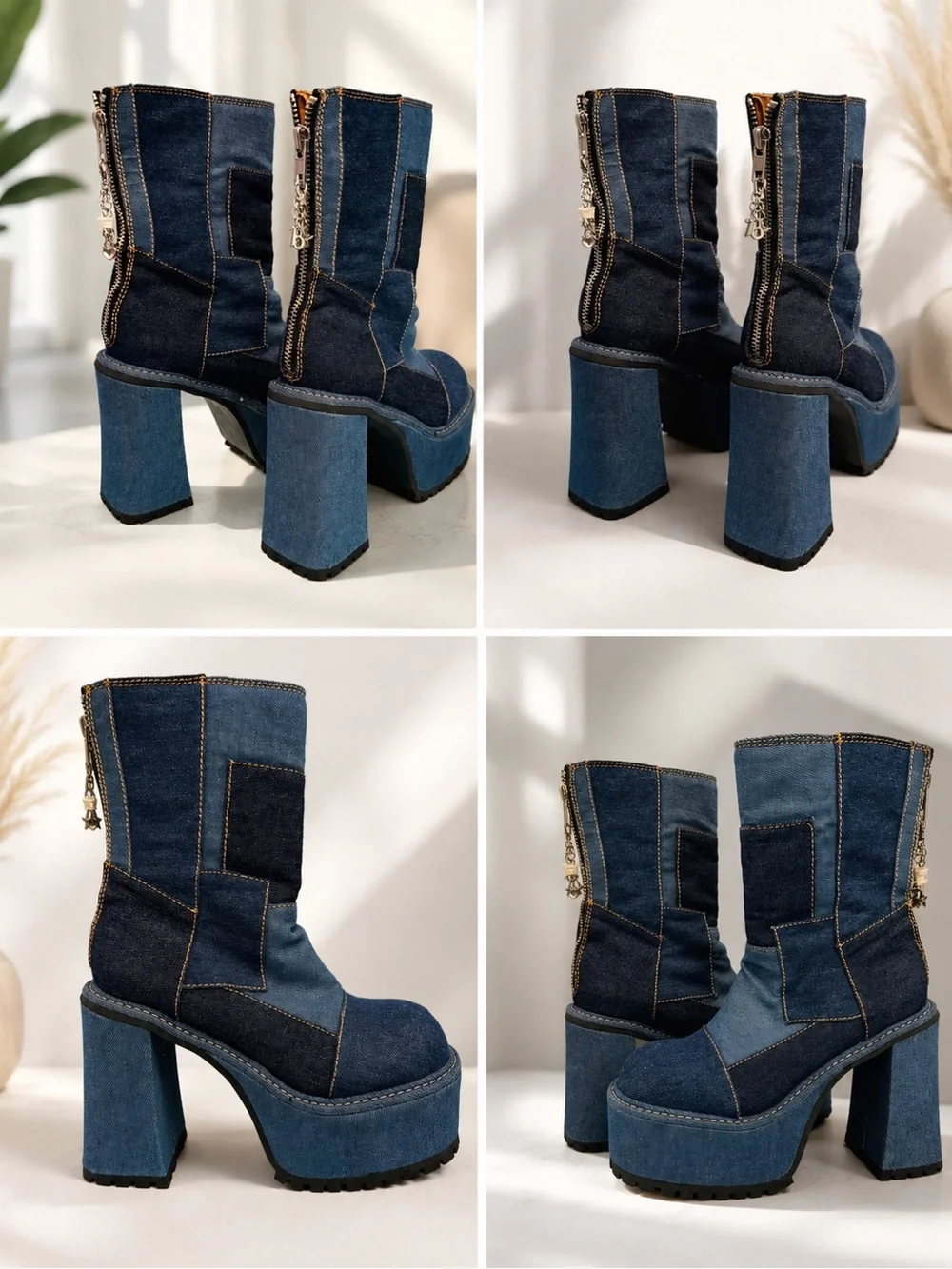 Denim Patchwork Platform Ankle Boots - Blue